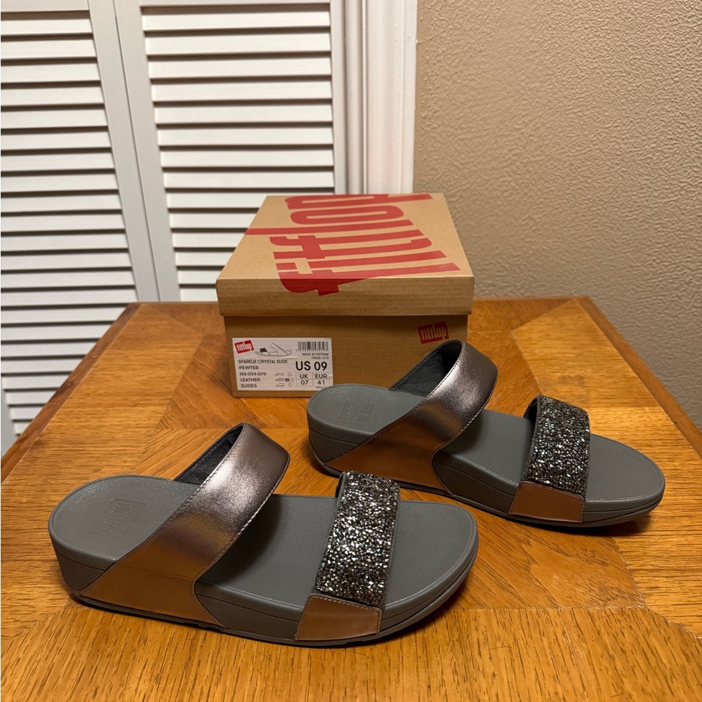 Fitflop Sparkle Crystal Slides Pewter Leather size 9
